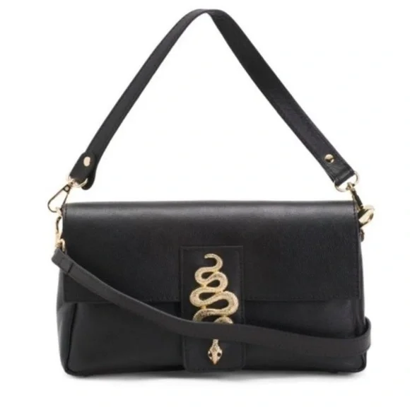 House of Harlow 1960 Designer Black Leather Designer Purse w Gold Snake Detail - Picture 1 of 9